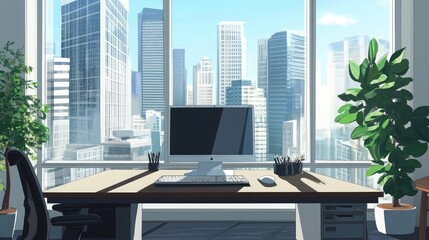 Poster - A minimalist office desk with a computer and a plant, overlooking a cityscape.