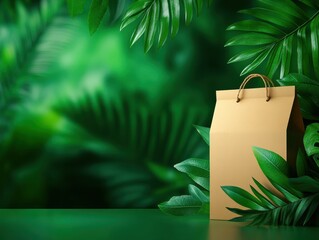 Poster - A simple brown paper bag nestled among lush green foliage, creating a natural and eco-friendly ambiance.