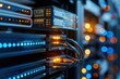 © Vilaysack - data center server racks connected with network cables, showing glowing LED indicators and connections, symbolizing advanced data storage and networking technology.