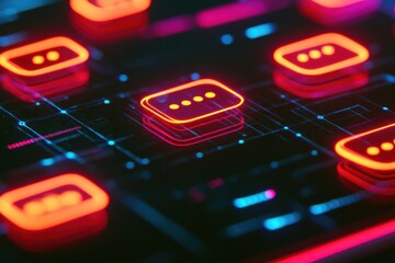 Poster - A vibrant digital interface featuring glowing chat icons on a dark background, representing modern communication and technology.