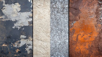 Poster - Four vertical panels of textured, weathered, and painted surfaces in various colors, including black, off-white, gray, and orange.