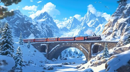 Poster - A red train travels over a stone bridge in a snow-covered mountain range.