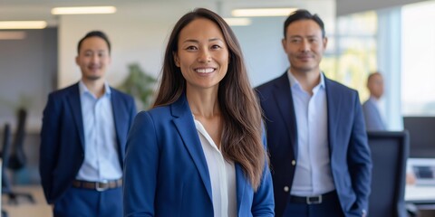 Poster - A striking team portrait in a modern office reflects their achievements, goals, and collaborative teamwork, showcasing their dedication to fostering innovation in a competitive business landscape