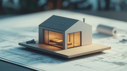 Poster - A small, modern house model sits on top of blueprints, glowing with warm light from within. The model is a great visual representation of an architect's design.