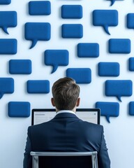Aufkleber - A businessman sits at a computer in front of a wall decorated with blue speech bubbles, symbolizing communication and dialogue.