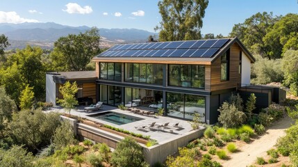 Poster - Modern home with a solar panel roof, swimming pool, and lush landscaping.