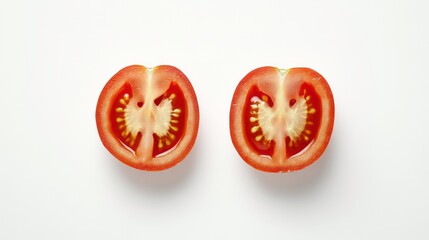 Aufkleber - Two halves of a red tomato cut in half, arranged on a white background.