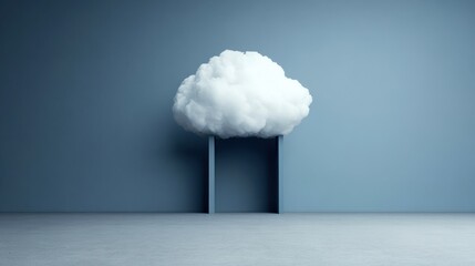 Aufkleber - A whimsical scene depicting a cloud emerging from a doorway in a minimalist, blue-toned setting, symbolizing dreamy concepts and imagination.