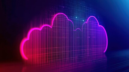 Poster - A vibrant digital illustration of a cloud symbol, featuring neon hues and vertical lines, representing technology and data storage.