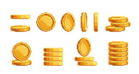 Poster - cartoon different golden coin set pixel art concept flat design style. vector illustration of pixela