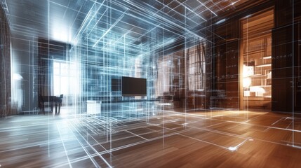 Poster - A futuristic concept of a living room interior with a glowing wireframe overlay, showcasing advanced technology in home design.