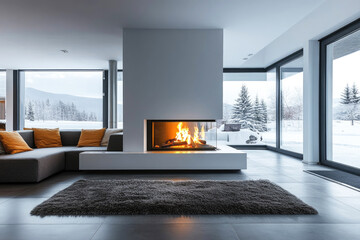 Minimalist living room interior with with burning fire in modern fireplace 