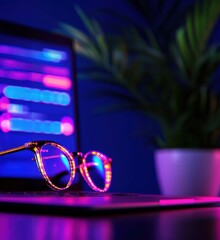 Aufkleber - A vibrant, tech-inspired scene featuring stylish glasses on a keyboard, with a colorful laptop screen and a plant in the background.