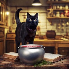 Sticker - A black cat with a shiny coat and an ornate collar, gazing curiously at a bubbling cauldron in a witch's cluttered workshop.