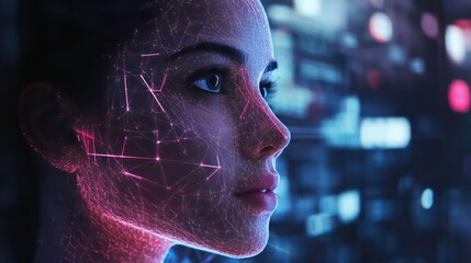 Poster - A woman's face is illuminated by a network of glowing lines, suggesting digital connectivity or artificial intelligence.