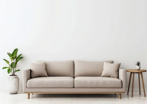 Minimalist living room interior with a white sofa, a wooden coffee table, and a potted plant in a white pot against a white wall