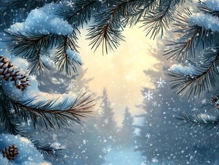 Poster - A snowy forest scene with pine branches in the foreground and a sunlit forest in the background.