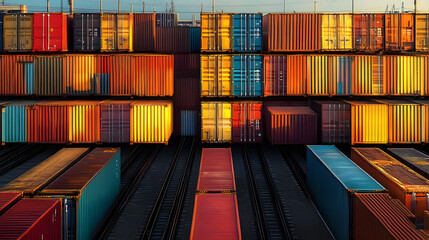 Sticker - Golden sunlight reflects off colorful shipping containers, neatly arranged along railway tracks, symbolizing global trade and synchronized logistics.