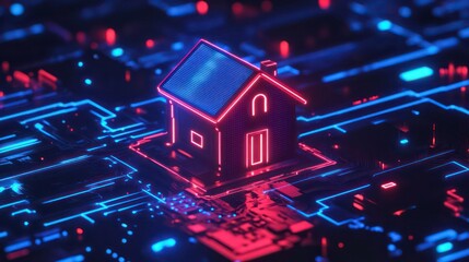 Poster - Futuristic Home Security Concept: Digital House in Neon Light on Circuit Board Background Representing Smart Technology and Cybersecurity