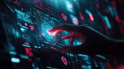 Poster - A hand reaches out to touch a glowing blue circle on a futuristic digital interface.