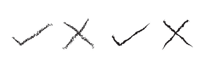 Poster - Grunge hand drawn brush strokes cross X and tick OK check marks V vector illustration set