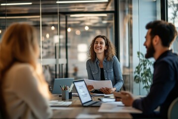 Poster - A Collaborative Business Meeting Held in a Contemporary Office Environment Which Encourages Team Engagement and Open Communication to Foster Innovation and Effective Leadership Among Participants