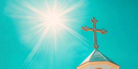 Bell tower against the sky. Minimalistic Christian background with space for text