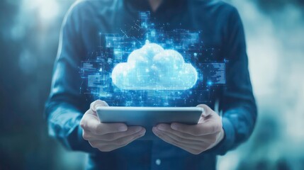 Leinwandbilder - A man holds a tablet with a glowing cloud icon above it, representing cloud computing.