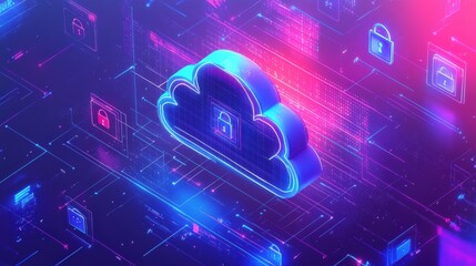 Poster - Futuristic cloud computing concept with colorful neon lights and digital symbols.