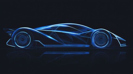 Poster - Wireframe car with neon blue lines on a black background, futuristic technology highlighted in a minimalist yet striking way.