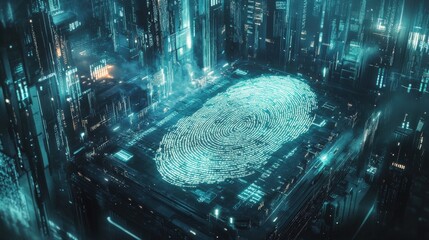 Poster - Futuristic digital fingerprint glowing in tech cityscape, symbolizing cybersecurity.
