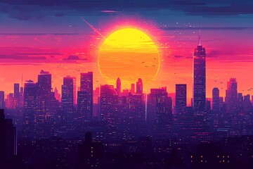 Poster - A vibrant sunset over a cityscape with a large, glowing sun in the sky.