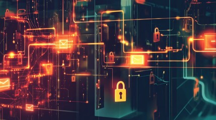 Poster - Futuristic digital network with glowing locks symbolizing cybersecurity and data protection.