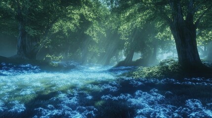 Wall Mural - A serene forest scene with glowing blue grass and sunlight filtering through the trees.