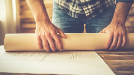 Wall Mural - Hands of a Skilled Worker Rolling Up Blueprint Plans on the Table in Cozy Workshop Environment with Natural Light Streaming Through the Window