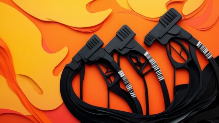 Poster - Abstract papercut of gas pumps with flowing black paper representing oil, set against a fiery orange background