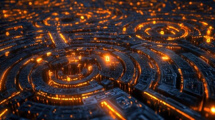 Poster - Futuristic glowing circuit board with circular patterns and bright orange lights.