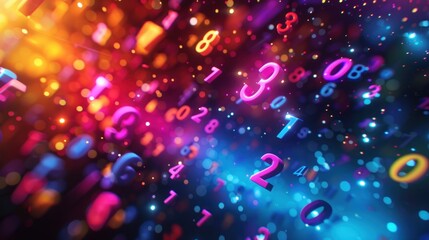 Abstract background with colorful numbers and glowing lights.