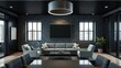 © velikiyzayats - Modern Dark Living Room with Grey Sofa, Black Brick Wall, and Large TV - Perfect for Relaxation and Entertainment