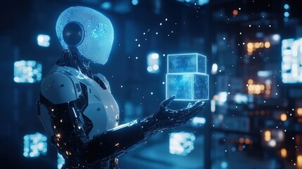 Poster - Futuristic robot analyzing glowing digital cube in high-tech environment.