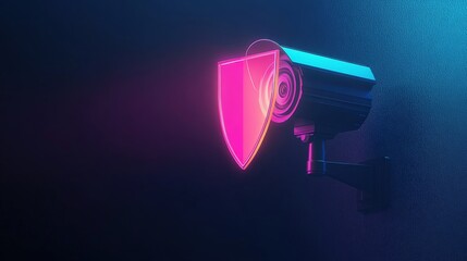 Poster - Futuristic security concept with neon-lit surveillance camera in a dark environment.