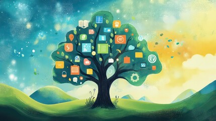 Aufkleber - A stylized tree with a large number of colorful app icons in the leaves.