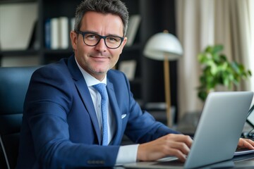 Poster - A dedicated and professional businessman engaged in his work within the confines of a modern office space, utilizing stateoftheart technology to foster communication and drive collaboration