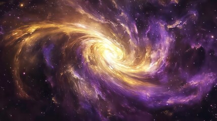 Poster - A vibrant galaxy swirling with purple and gold hues illuminated by distant stars in the vastness of space, showcasing cosmic beauty and wonder