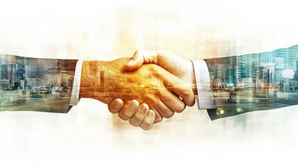 Leinwandbilder - A team engages in a business partnership with a handshake symbolizing collaboration, surrounded by various office elements and abstract representations of success