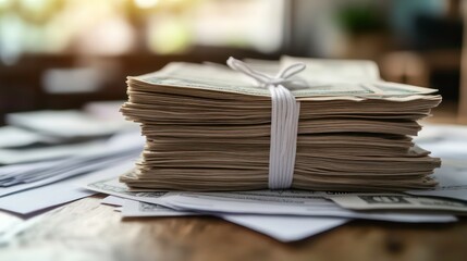 Aufkleber - A stack of bills and a stack of paper with a white string tying them together, Insurance policy documents with dividends on the table.