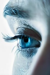 Poster - Close-up of eye with digital futuristic interface overlay. Artificial intelligence concept. Futuristic technology and innovation. Face recognition system. High tech implant in human eye.