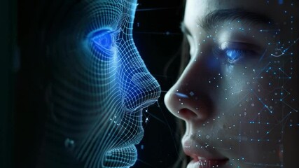 Poster - Woman with digital biometric scanning program. Face detection and facial recognition. Face ID and artificial intelligence concept. High tech security system