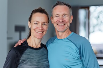 Portrait of a smiling caucasian couple in their 40s wearing a moisture-wicking running shirt in modern minimalist interior