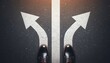 © Vectplus - person standing at a crossroads with arrows on the pavement indicating different directions or decisions